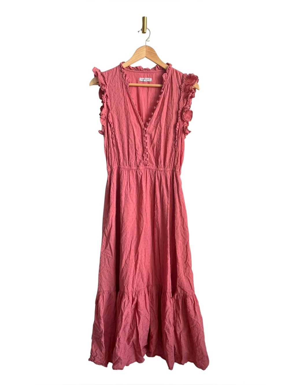 Outerknown Organic Cotton Coral Ruffle Tiered Midi Maxi Dress Medium
